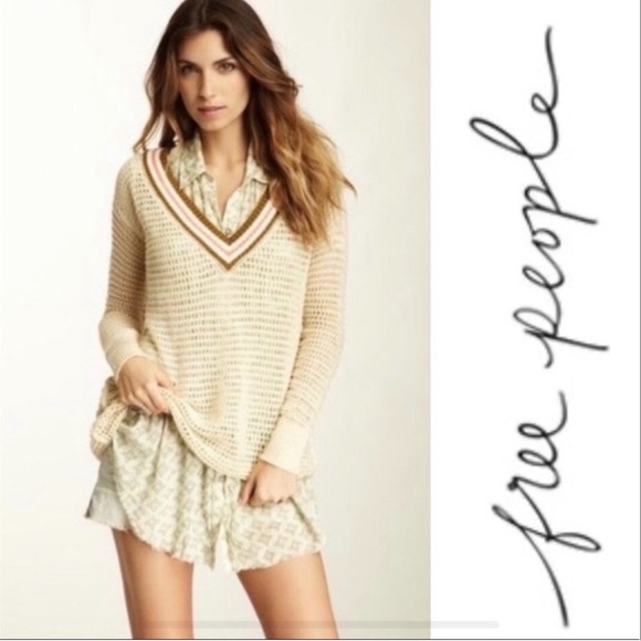 WE THE FREE People Varsity Sweater Open Knit VNeck Stripe Ivory Cream Pink Brown - Picture 11 of 11